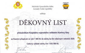 Děkovný list NGŠ AČR příslušníkům KVV Karlovy Vary